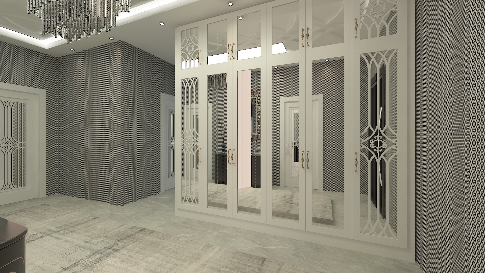 Biała szafa wnękowa z lustrami i zdobieniami w eleganckim wnętrzu z wzorzystą tapetą i marmurową podłogą, widoczne odbicia w lustrach.