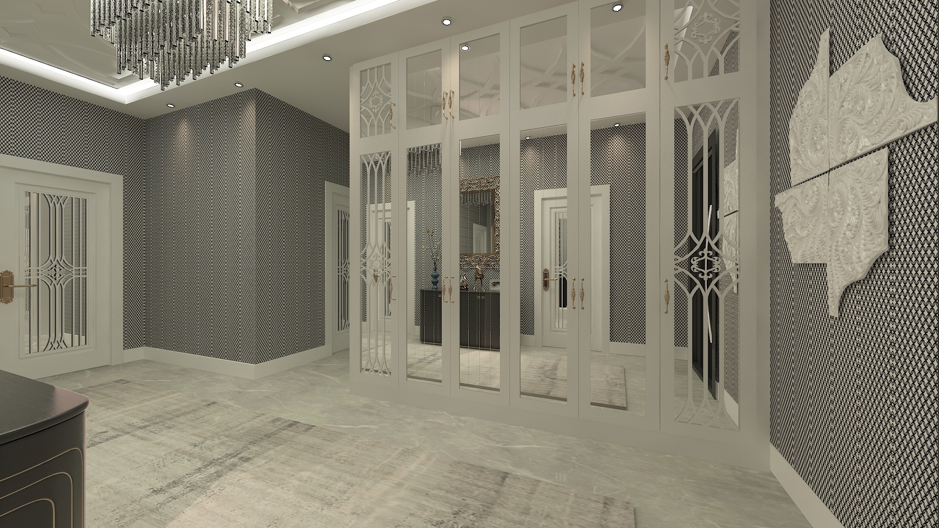 Hallway with mirrored wardrobe doors featuring decorative fretwork, complemented by patterned wallpaper and a crystal chandelier.