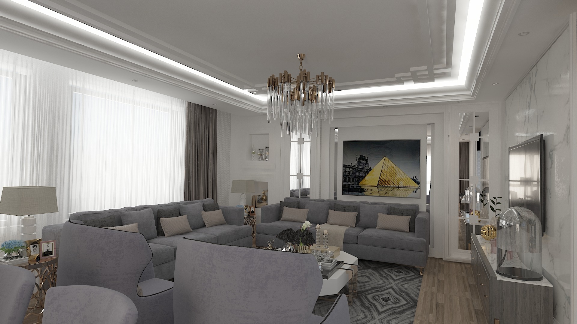 Salon w odcieniach szarości z dużym narożnikiem, kryształowym żyrandolem i obrazem z motywem piramidy na ścianie, oświetlenie LED w suficie.