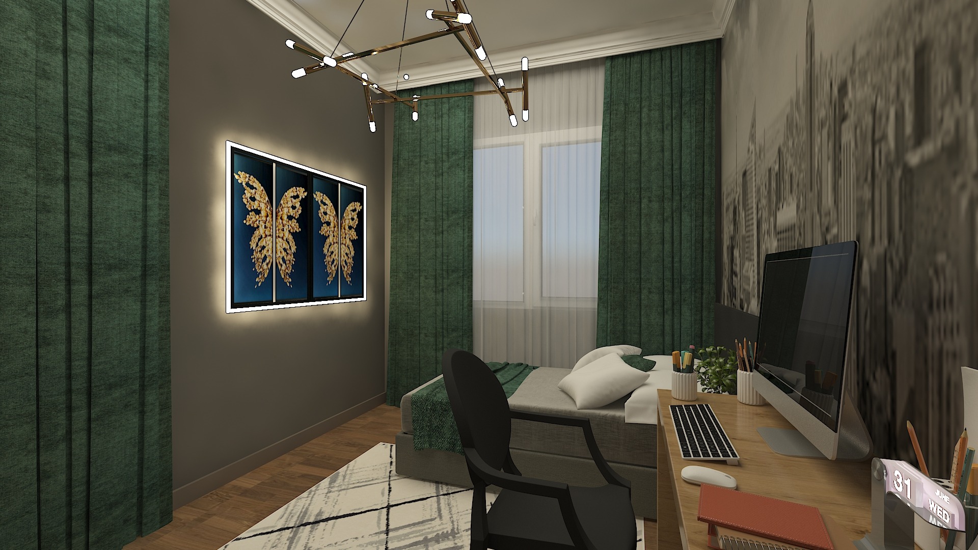 Wizualizacja pokoju z łóżkiem, biurkiem z komputerem, oświetleniem sufitowym i dekoracyjnymi panelami ściennymi z motywem motyli, uzupełniona zielonymi zasłonami i tapetą z motywem miejskim.