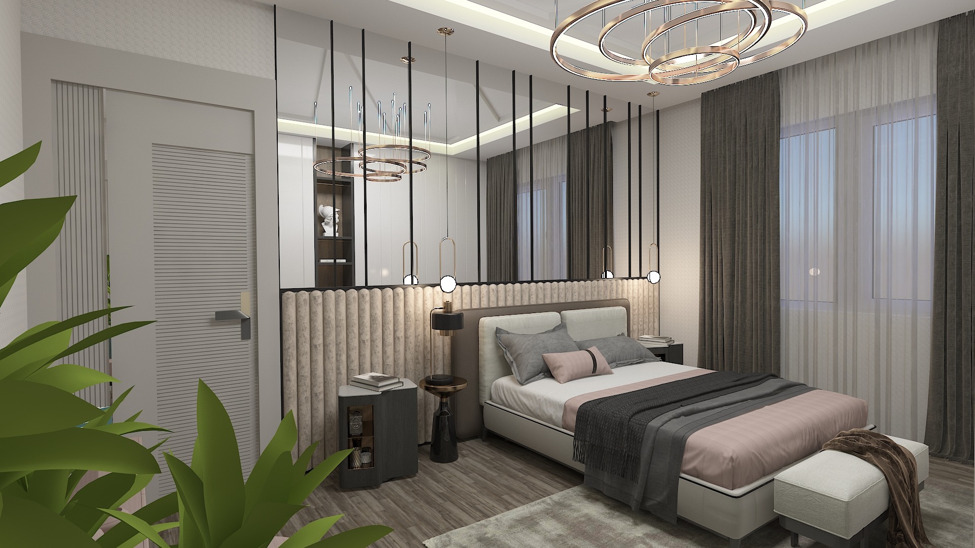 Nowoczesna sypialnia z łóżkiem kontynentalnym, wezgłowiem z tapicerowanymi panelami, okrągłymi lampami wiszącymi i rośliną doniczkową w rogu.