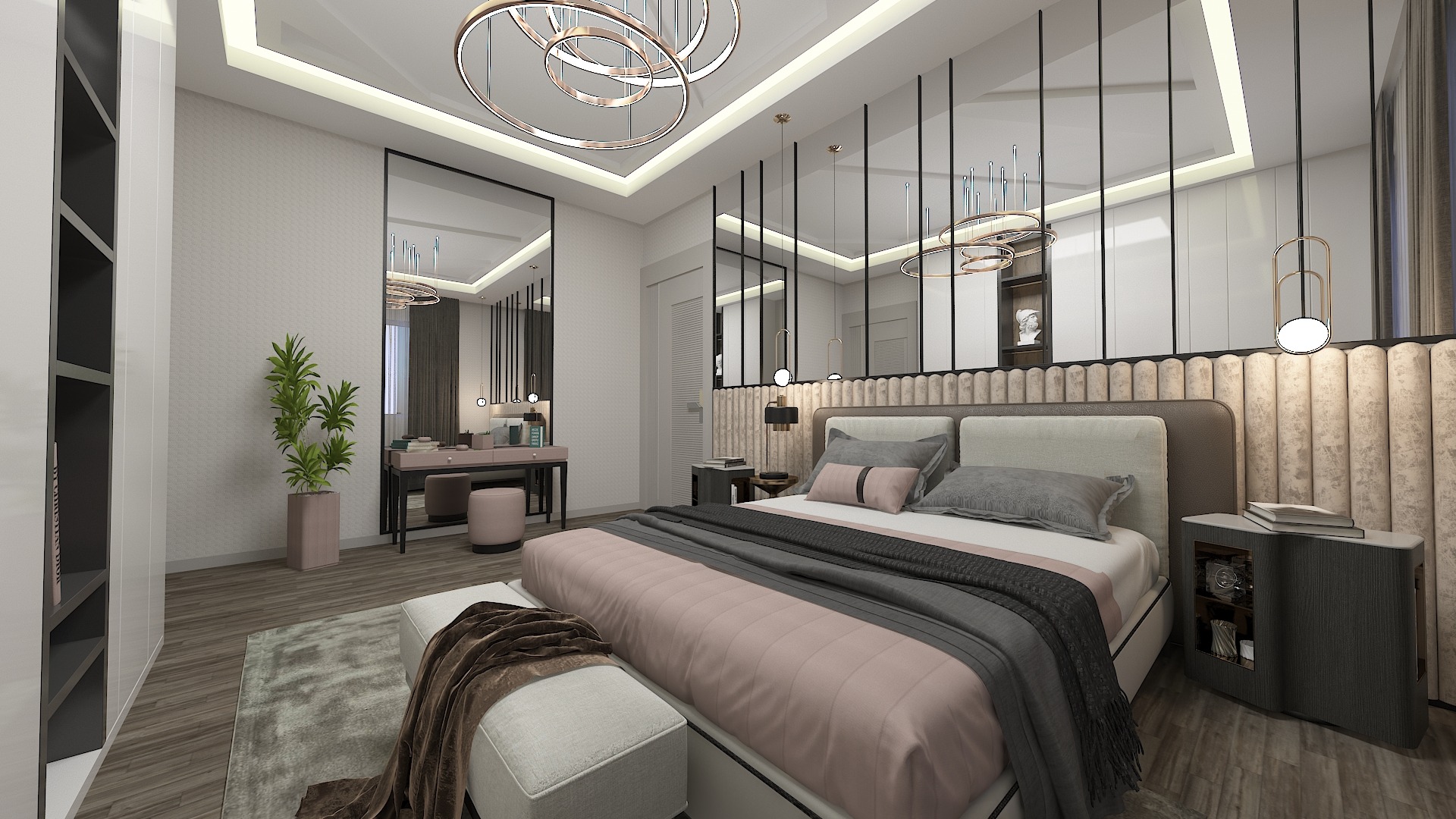 Elegancka sypialnia z łóżkiem, toaletką i szafą, oświetlona nowoczesną lampą sufitową, utrzymana w pastelowej kolorystyce z akcentami czerni.