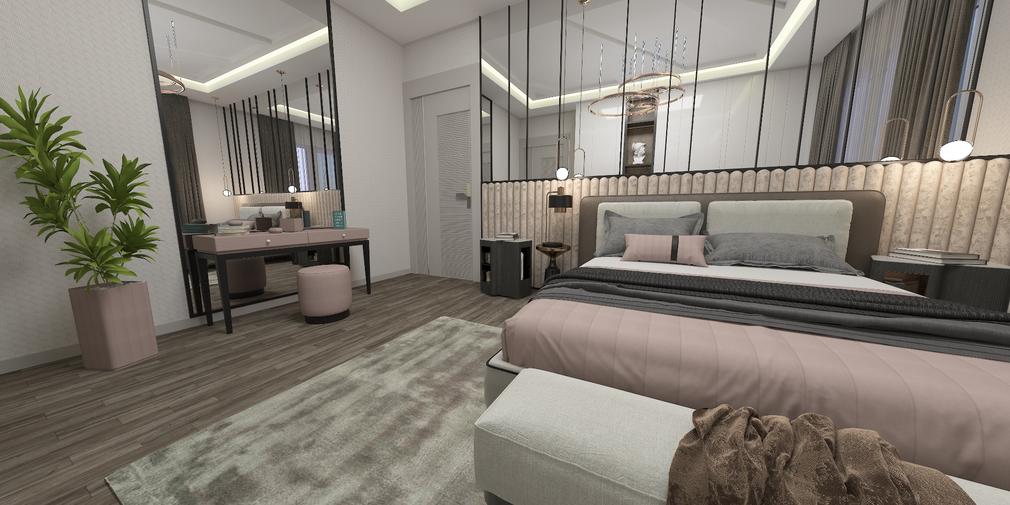 Nowoczesna sypialnia z łóżkiem, toaletką i rośliną w doniczce, utrzymana w jasnej kolorystyce z akcentami różu i szarości, lustra na ścianach optycznie powiększają przestrzeń.