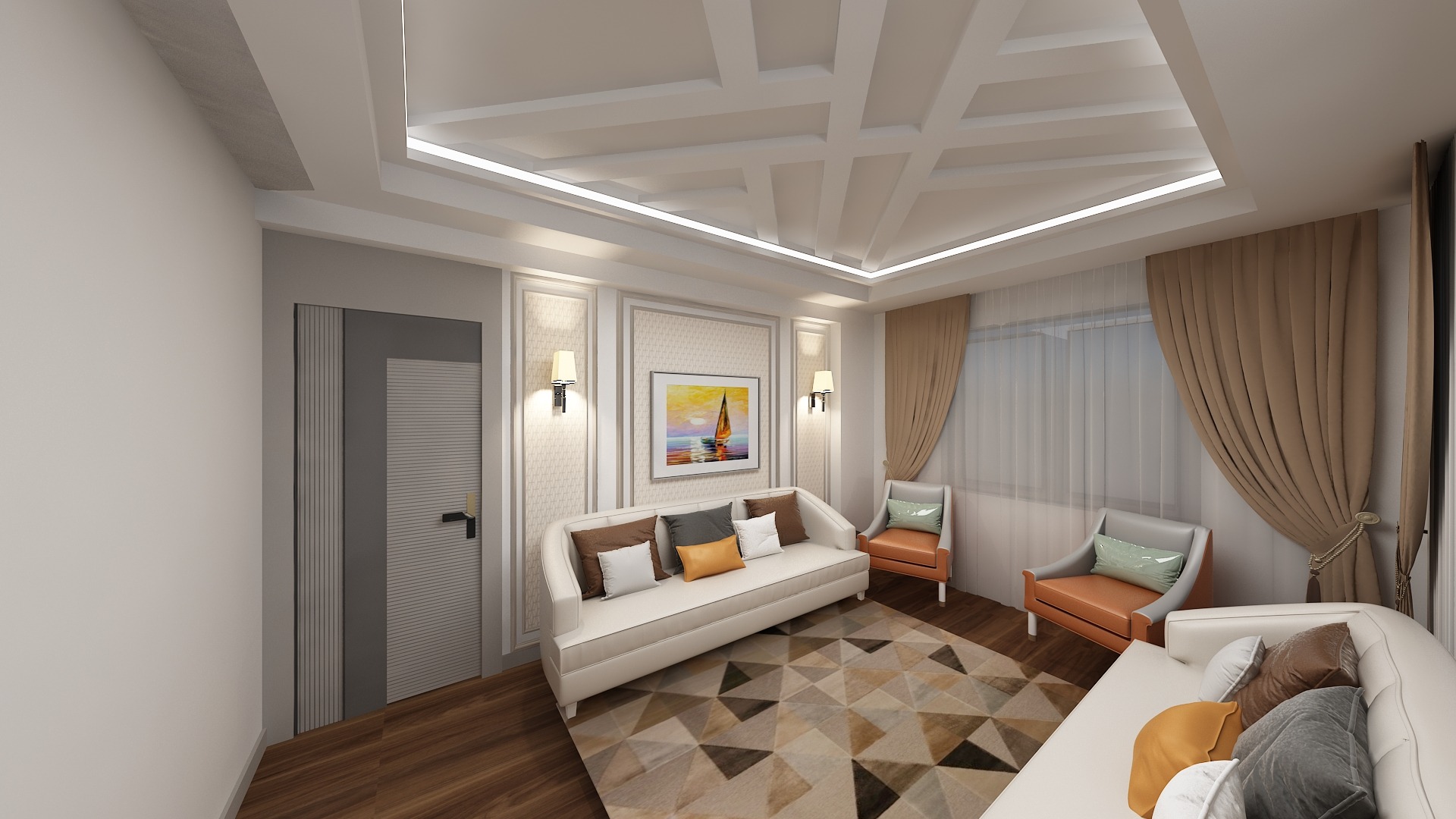 Wizualizacja salonu z białymi sofami, geometrycznym dywanem i dekoracyjną sztukaterią sufitową z oświetleniem LED.