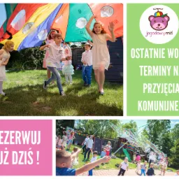 Grupa dzieci bawi się na trawie pod wielobarwną chustą animacyjną z otworami, w tle huśtawka i drzewa, w prawym górnym rogu logo firmy 'jagodowy miś' i informacja o wolnych terminach na przyjęcia...