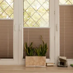 Beżowe plisy okienne zamontowane w oknach z ozdobnymi szprosami, na parapecie stoją doniczki z roślinami i lampka nocna.