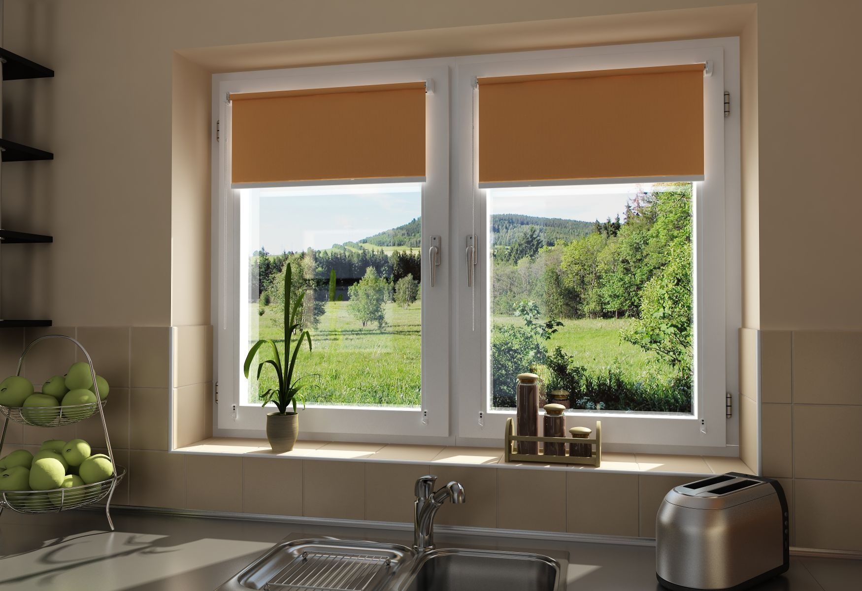 Jasnobrązowe rolety w oknie kuchni z widokiem na zielony krajobraz, na parapecie doniczka i przyprawy, w tle toster.