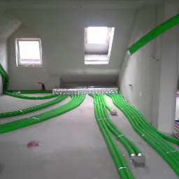 Wnętrze poddasza w trakcie montażu instalacji z zielonych, elastycznych rur wentylacyjnych, prowadzących do metalowej skrzynki rozdzielczej pod oknem dachowym.