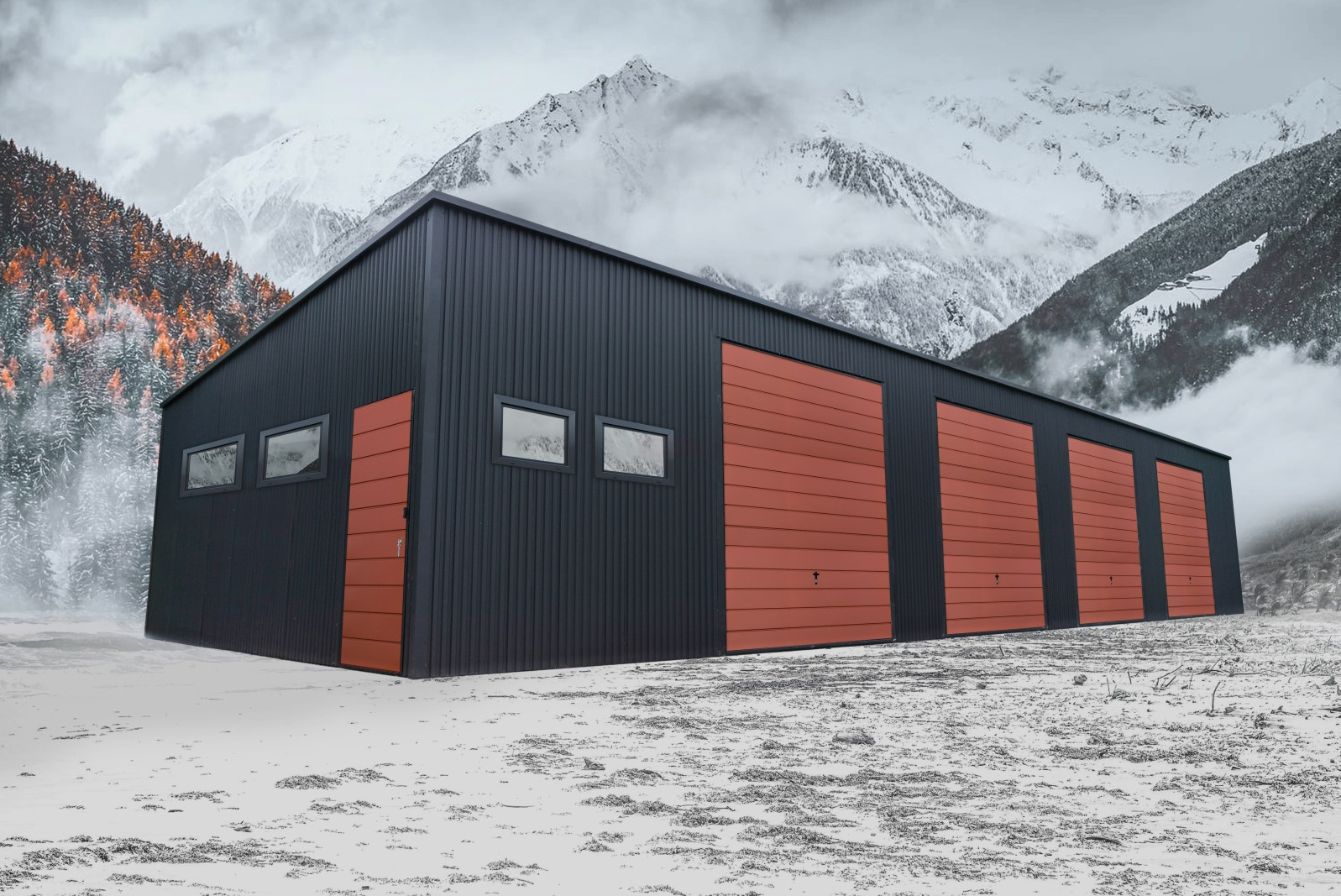 Nowoczesny, czarno-czerwony garaż blaszany z czterema bramami segmentowymi, umieszczony na zaśnieżonym terenie z widokiem na ośnieżone góry we mgle.