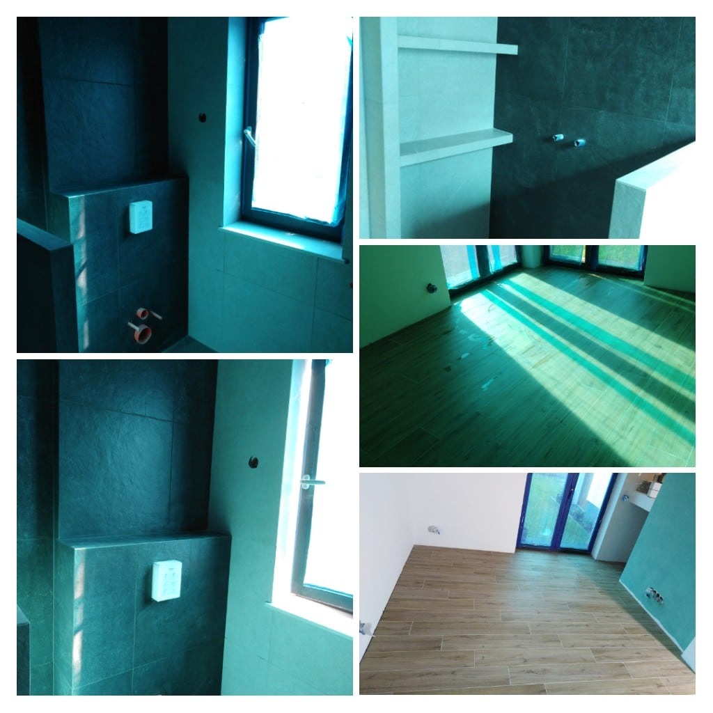 Kolaż zdjęć przedstawia wnętrza w trakcie lub po wykończeniu płytkami: łazienka z ciemnymi płytkami ściennymi i jasnymi podłogowymi, widoczne okno z folią ochronną; pokój z podłogą wyłożoną...