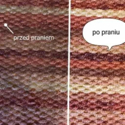 Dywan w odcieniach brązu i beżu, podzielony pionową linią, ukazujący różnicę w wyglądzie przed i po procesie czyszczenia, z widocznymi napisami wskazującymi stan.