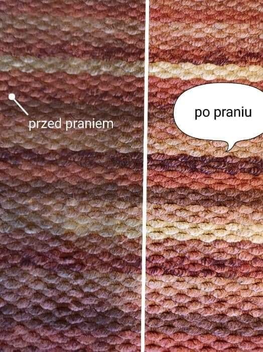 Dywan w odcieniach brązu i beżu, podzielony pionową linią, ukazujący różnicę w wyglądzie przed i po procesie czyszczenia, z widocznymi napisami wskazującymi stan.