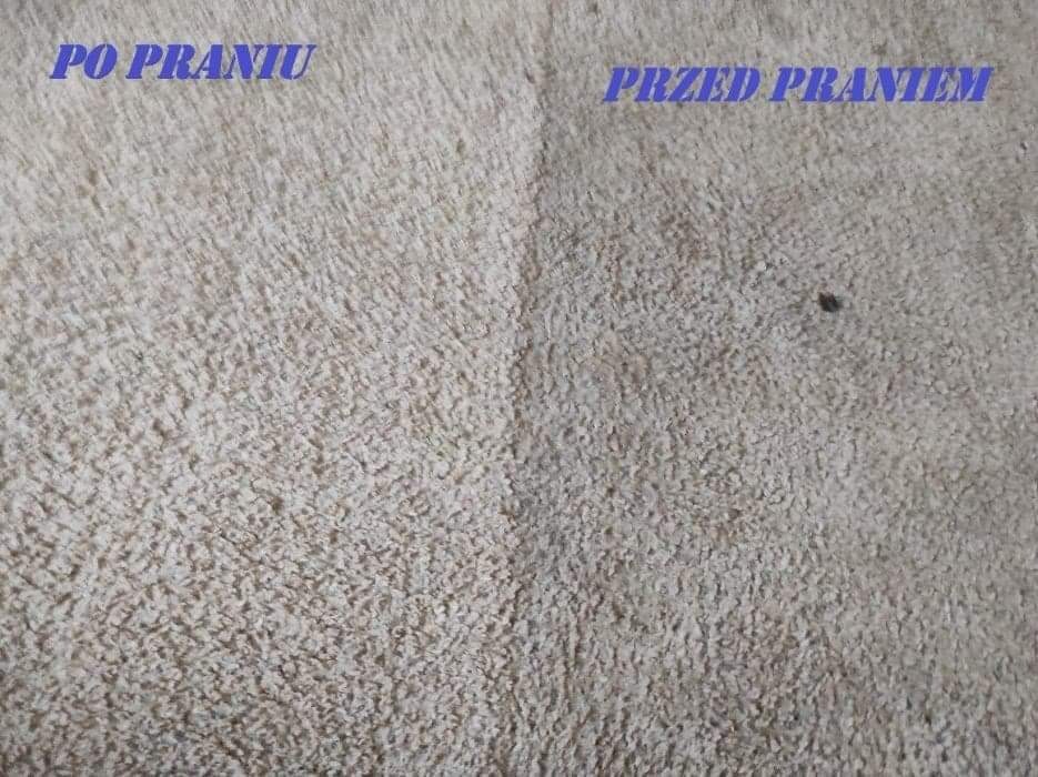 Beżowy dywan podzielony na dwie części: lewa strona 'po praniu', prawa strona 'przed praniem' z widocznym ciemnym zabrudzeniem.