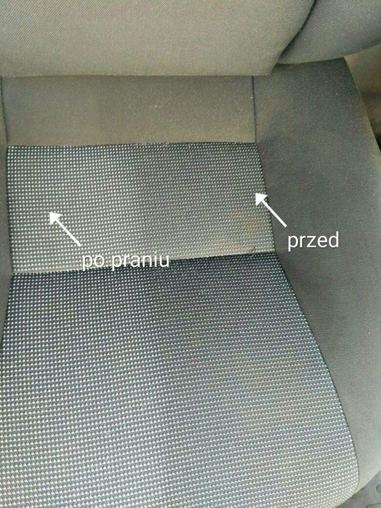 Tapicerka samochodowa: porównanie stanu przed i po czyszczeniu, widoczna różnica w odcieniu i świeżości materiału.