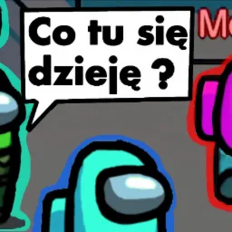 Kadr z gry Among Us: postacie w kolorach zielonym, turkusowym i różowym, dymek z tekstem 'Co tu się dzieje?' i podpis 'Merez'.