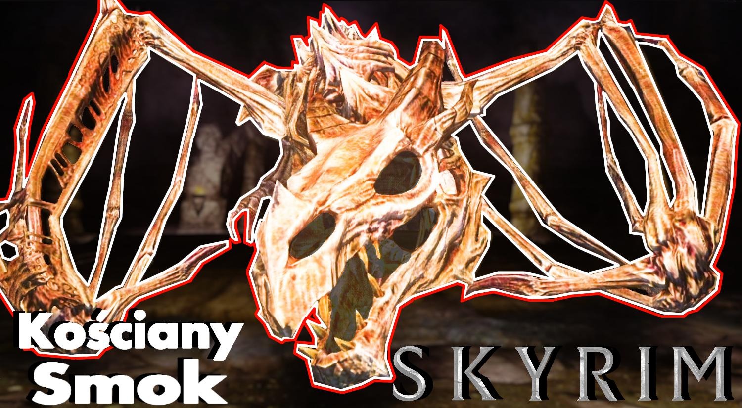 Szkielet smoka z gry Skyrim, z widocznymi kośćmi i skrzydłami, na ciemnym tle.
