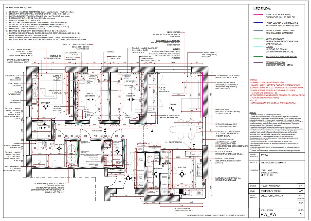 Rzut funkcjonalny mieszkania z wymiarami, meblami i legendą materiałów wykończeniowych, przedstawiony w formie technicznego rysunku architektonicznego.