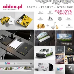 Kompilacja elementów identyfikacji wizualnej firmy: wizytówki, segregatory, papier firmowy, długopis, samochód firmowy, okładka płyty, prezentacja logo, folder reklamowy.