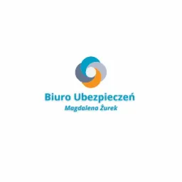Logo biura ubezpieczeń Magdalena Żurek z abstrakcyjnym symbolem w kolorach niebieskim, szarym i pomarańczowym.