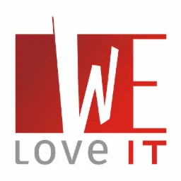 Graficzne logo z napisem 'WE LOVE IT', czerwone kwadraty i szare litery na białym tle.