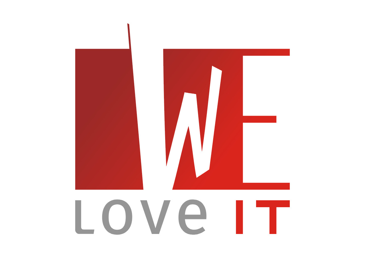 Logo firmy z napisem 'WE LOVE IT' w kolorach czerwonym i szarym, stylizowane na stronę internetową.