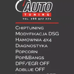 Logo firmy oferującej chiptuning, modyfikacje DSG, hamownię 4x4, diagnostykę, popcorn, pop&bangs, DPF/EGR off, AdBlue off, immobilizer off. Na ciemnoszarym tle biały napis AUTO TUNING z motywem...