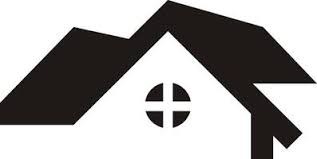 Czarno-biały, uproszczony symbol domu z dachem dwuspadowym i okrągłym oknem z krzyżem w środku, na białym tle. Grafika wektorowa.