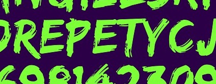 Neonowo-zielone, ręcznie malowane litery na ciemnofioletowym tle, tworzące napisy w języku polskim.