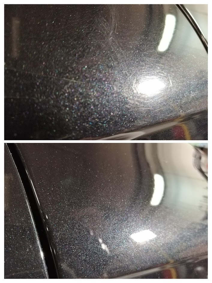 Porównanie: Górna część karoserii samochodu zarysowana, dolna po polerowaniu, lakier metalik.