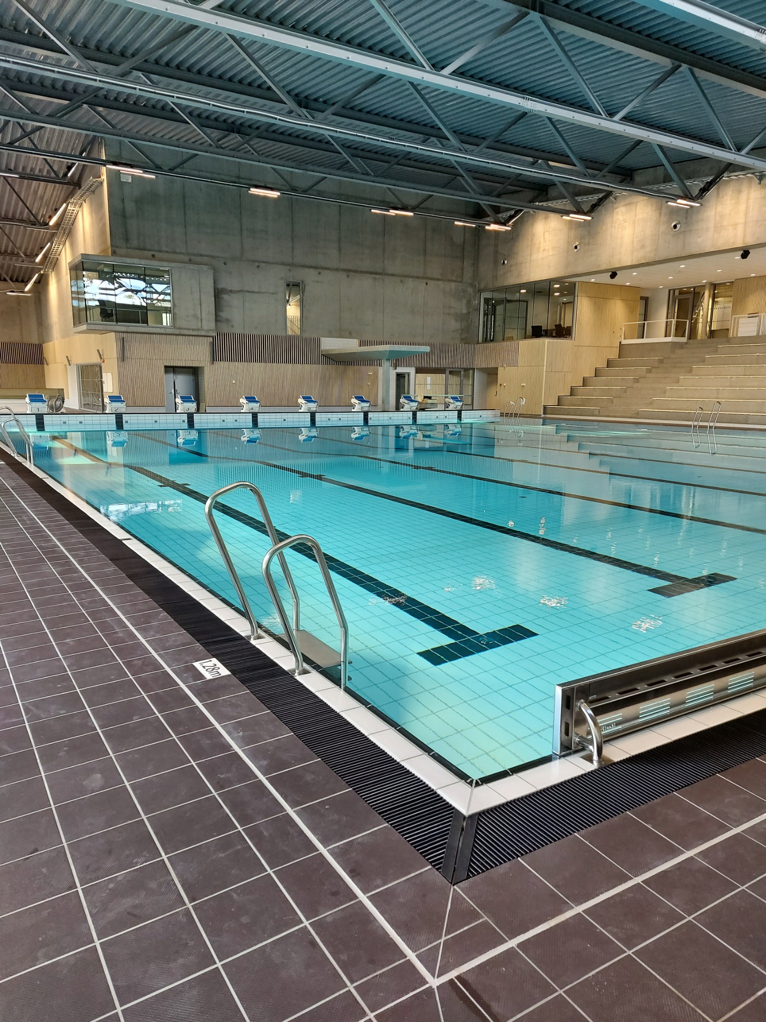 Wnętrze nowoczesnej pływalni z jasnoniebieską wodą w basenie, metalowymi drabinkami wejściowymi i stanowiskami startowymi, widok na trybuny i betonowo-stalową konstrukcję dachu.