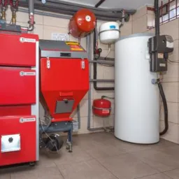 Nowoczesna kotłownia z piecem na paliwo stałe w kolorze czerwonym, zasobnikiem na wodę i instalacją rurową, widok na wnętrze pomieszczenia z beżowymi płytkami.