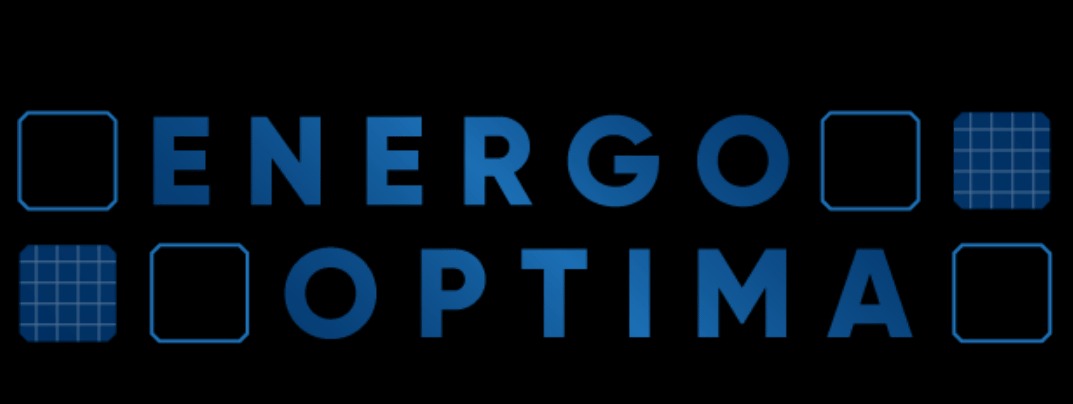 Niebieski logotyp 'ENERGO OPTIMA' na czarnym tle, z kwadratami i siatkami w rogach.