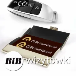 Metalowe etui na wizytówki z wizytówkami GRH Investment, kluczyk samochodowy Mercedes w tle, białe tło.