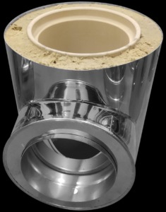 Kształtka kominowa typu trójnik ze stali nierdzewnej z izolacją termiczną, widok z góry, na czarnym tle.