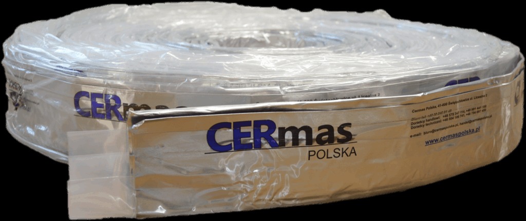 Rolka srebrnej folii z nadrukowanym logo CERmas POLSKA, zapakowana w przezroczysty plastik.