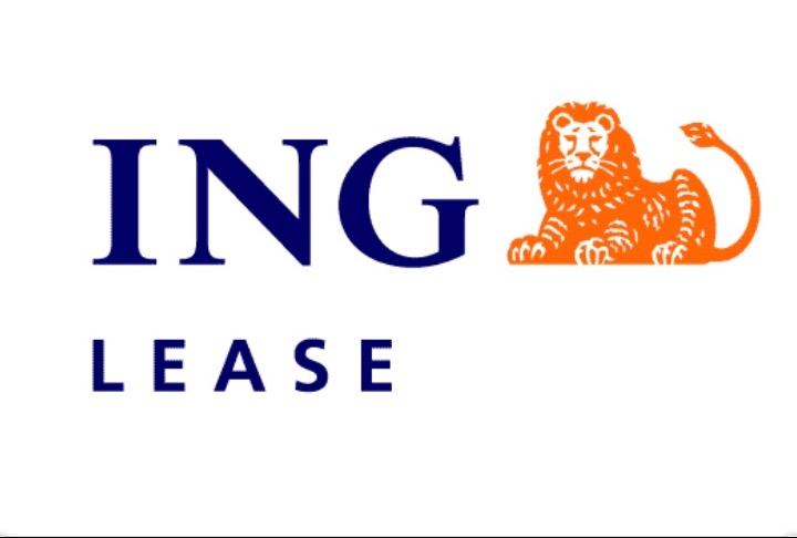 Logo firmy ING Lease z pomarańczowym lwem i granatowym napisem na białym tle.