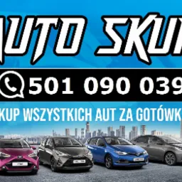 Reklama skupu pojazdów z numerem telefonu i hasłem: Skup wszystkich aut za gotówkę. Na dole cztery różne modele samochodów: Toyota Aygo, Yaris Hybrid, Auris Hybrid i Corolla.