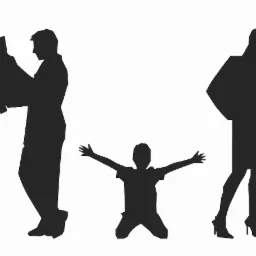 Silhouettes of a man reading a document, a child kneeling with arms outstretched, and a woman with a large bag, suggesting a family legal matter.