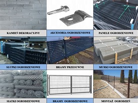 Zestawienie różnych elementów ogrodzeniowych: dekoracyjny kamień elewacyjny, akcesoria montażowe, panele ogrodzeniowe, słupki, bramy przesuwne, murki, siatka, brama dwuskrzydłowa oraz fragment...