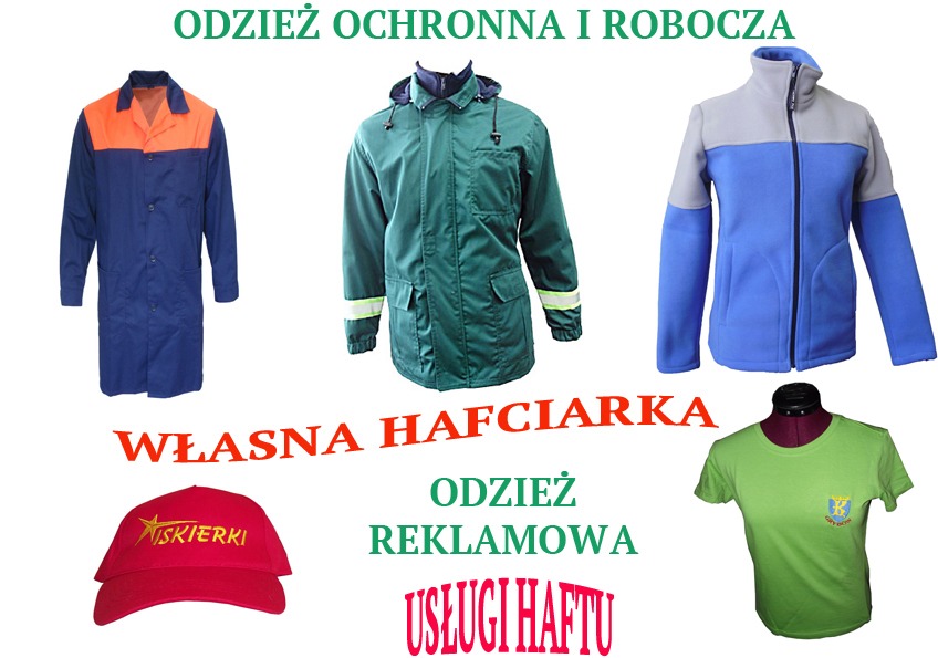 Kolekcja odzieży roboczej i reklamowej: granatowo-pomarańczowy płaszcz, zielona kurtka z odblaskami, niebiesko-szary polar, czerwona czapka z daszkiem z haftowanym napisem 'SKIEREKI' i zielony...