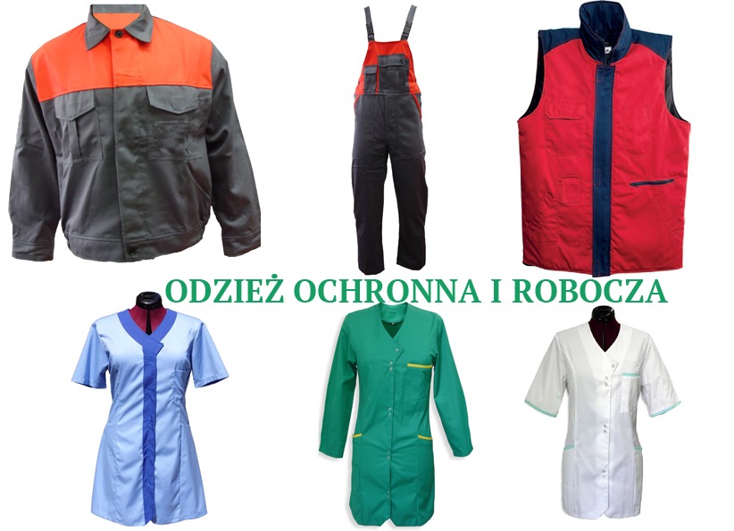 Kolekcja odzieży roboczej i ochronnej: kurtka robocza z pomarańczowo-szarym karczkiem, kombinezon roboczy szaro-pomarańczowy, czerwona kamizelka robocza, niebieski, zielony i biały fartuch medyczny...