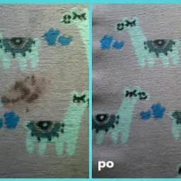 Dywan dziecięcy z motywem lamy, widoczna plama przed czyszczeniem i efekt po czyszczeniu