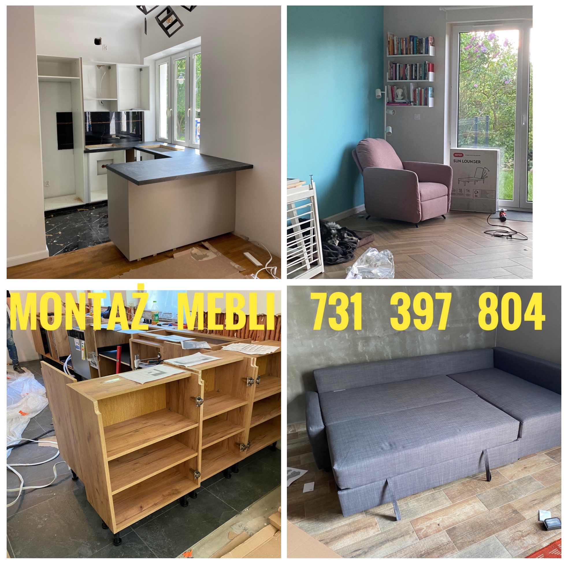 Kolaż zdjęć przedstawiający montaż mebli: fragment kuchni z wyspą, pokój z fotelem i regałem na książki, szafka z półkami na kółkach oraz rozłożona szara sofa narożna z numerem telefonu.
