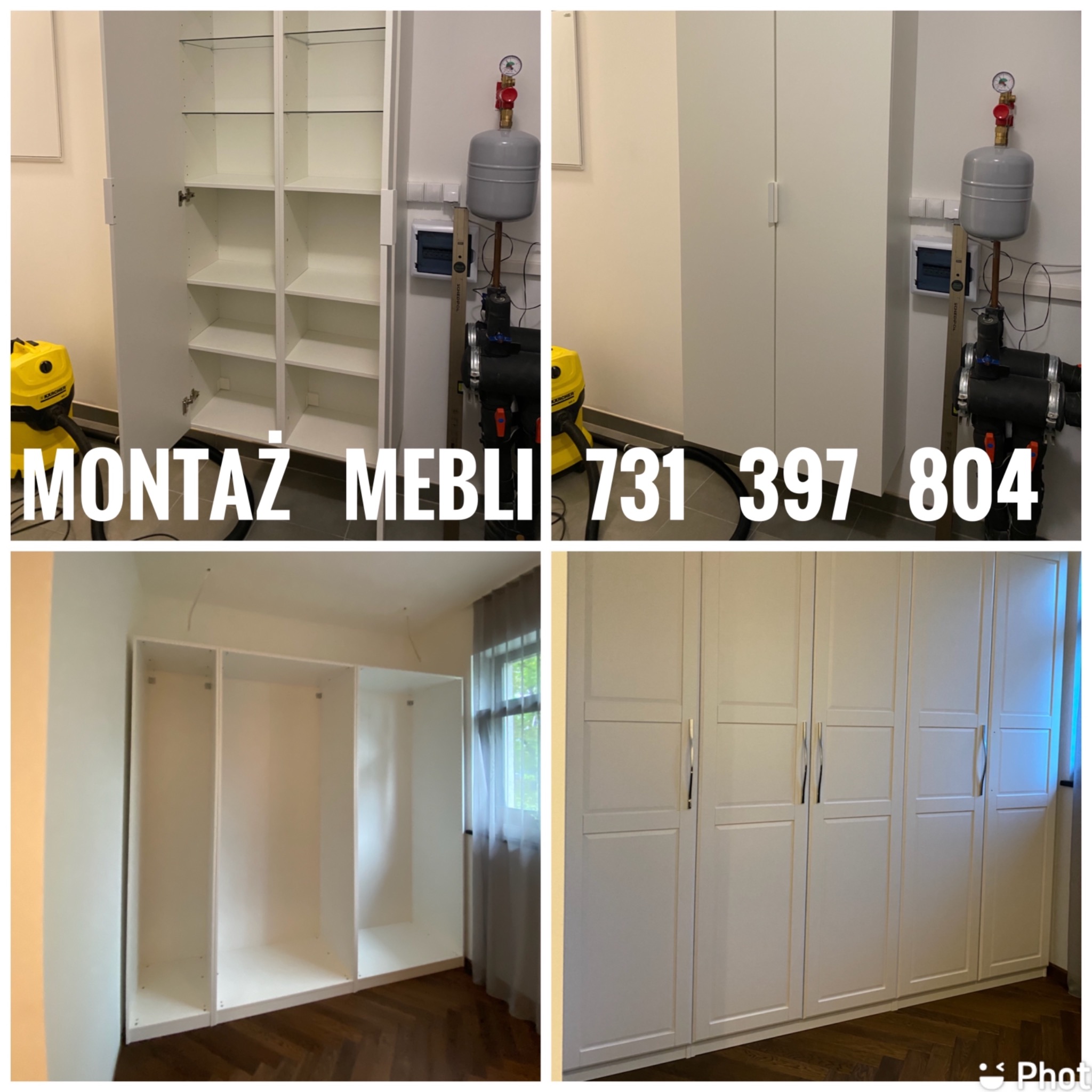 Montaż białej szafy na wymiar z półkami szklanymi i drewnianymi, widoczne elementy instalacji grzewczej i odkurzacz przemysłowy.