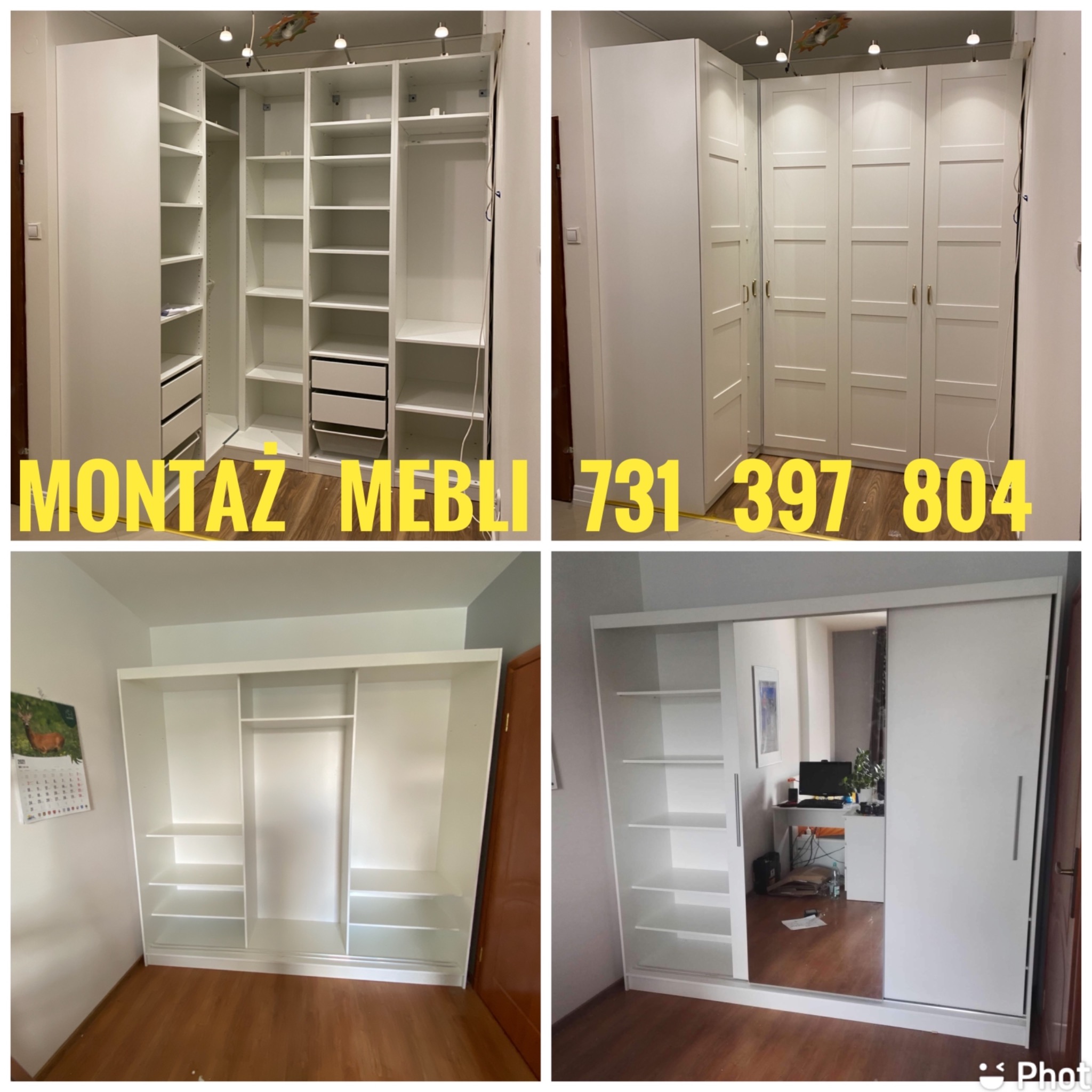 Kompozycja czterech zdjęć przedstawiających białe, modułowe szafy wnękowe z różnymi konfiguracjami półek i szuflad, z widocznym montażem i numerem telefonu.