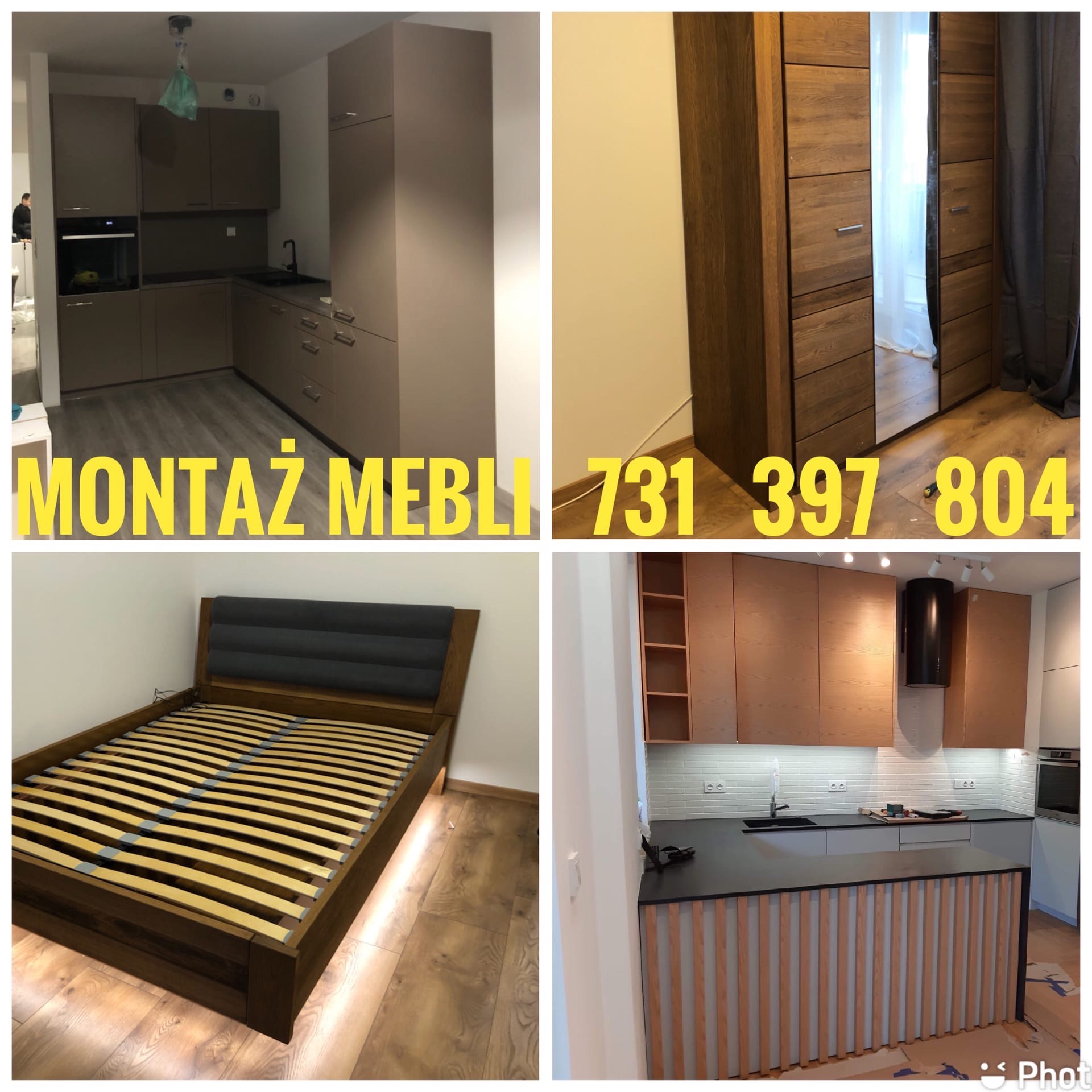 Kompozycja czterech kadrów: szara kuchnia z piekarnikiem, szafa z lustrem, łóżko z drewnianym stelażem i oświetleniem LED, oraz kuchnia z czarnym blatem i drewnianymi listwami dekoracyjnymi.