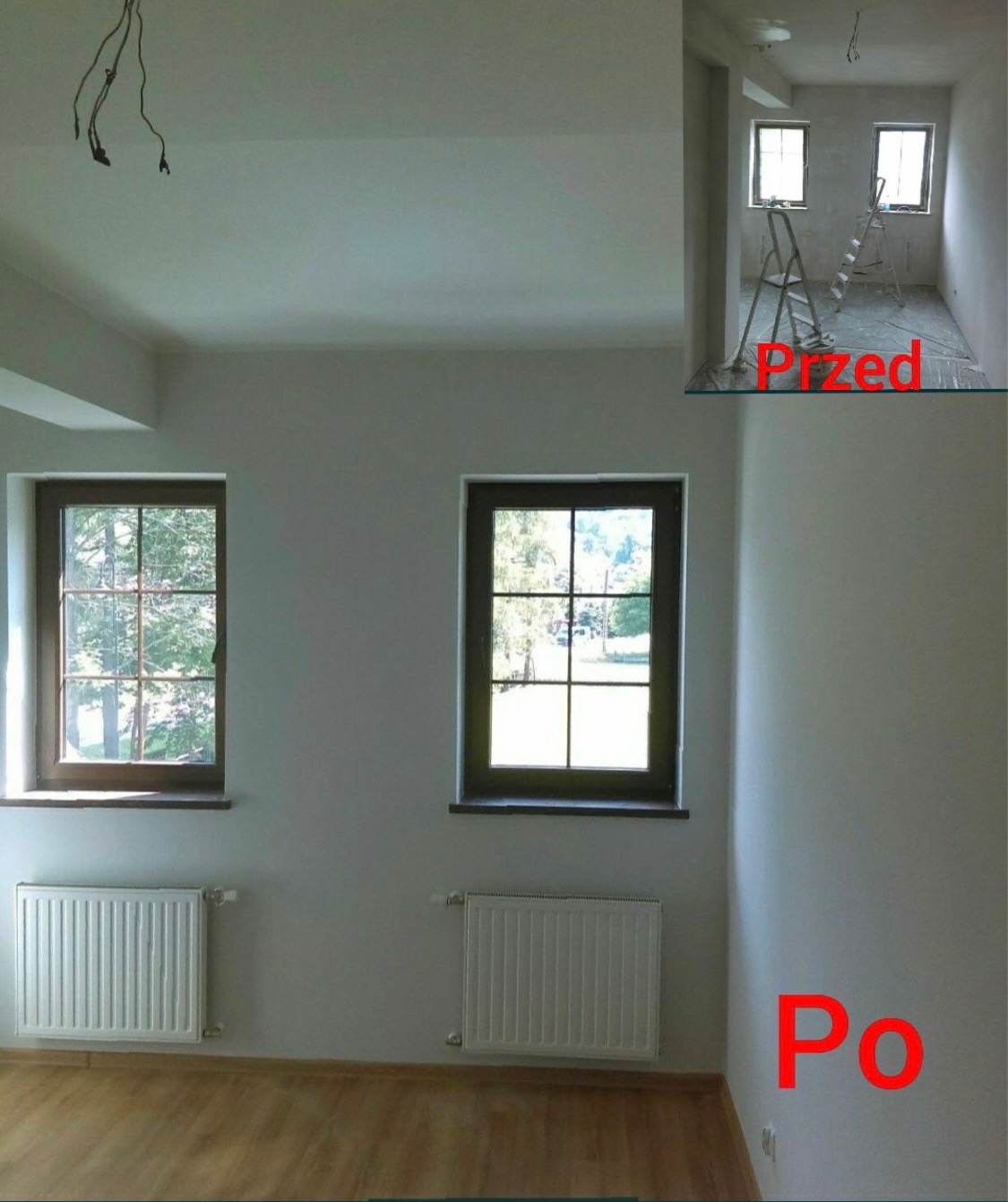 Pokój po malowaniu ścian na biało, widok 'przed i po'. Dwa okna z ciemnymi ramami, pod nimi białe grzejniki. Na suficie wystające kable.