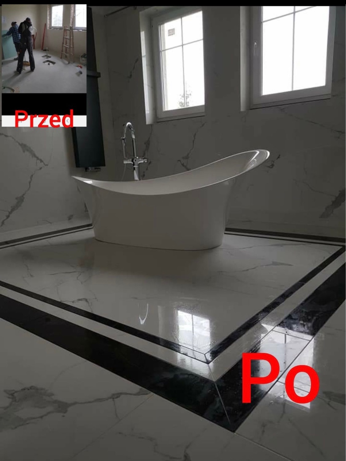 Elegancka łazienka po remoncie: wolnostojąca wanna na błyszczącej, marmurowej podłodze z czarnym obramowaniem. U góry wstawka ze zdjęciem stanu 'przed'.