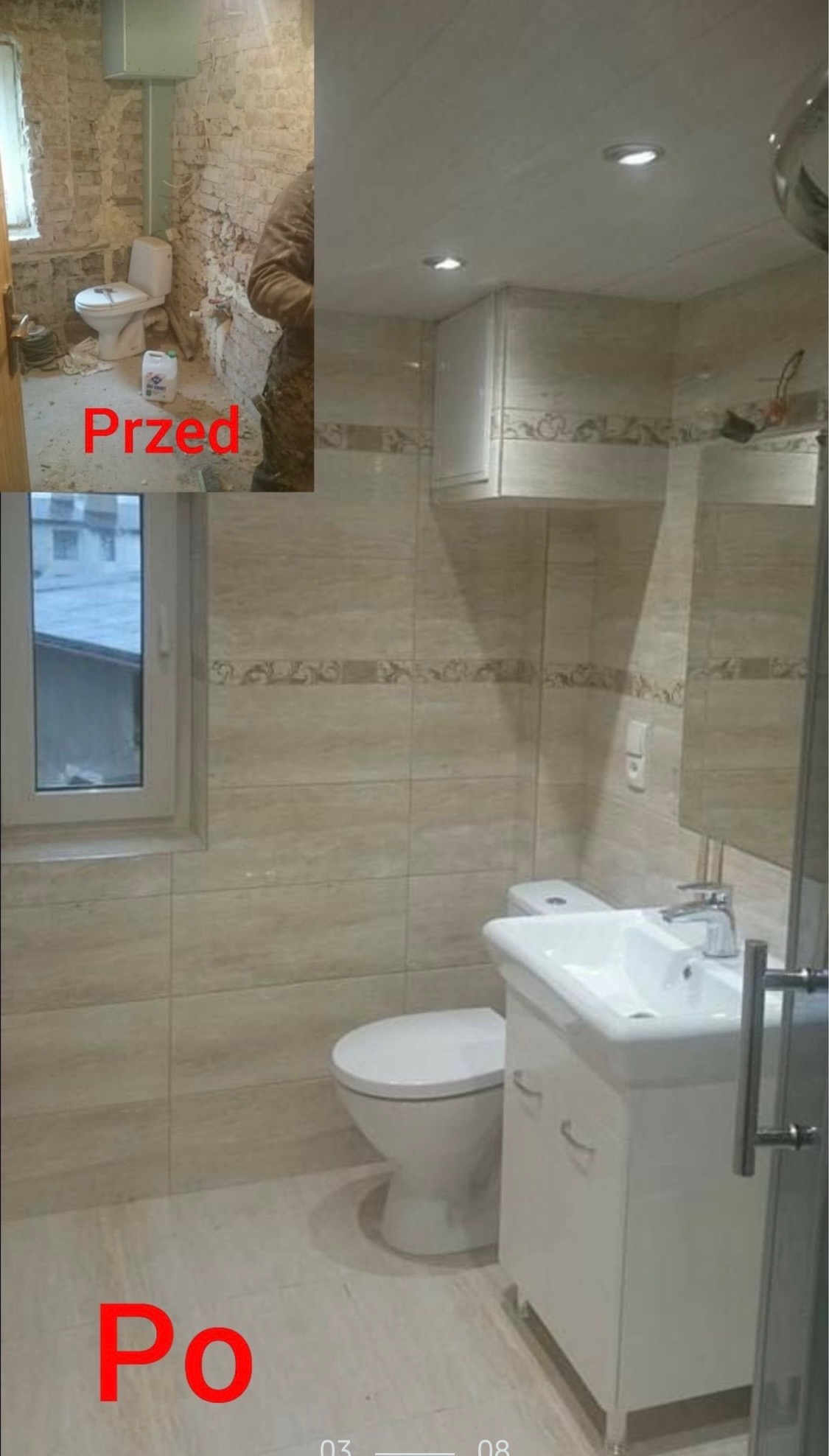 Remont łazienki: porównanie stanu 'przed' - surowe ściany i 'po' - wykończona łazienka z beżowymi płytkami, nową toaletą i umywalką z szafką.