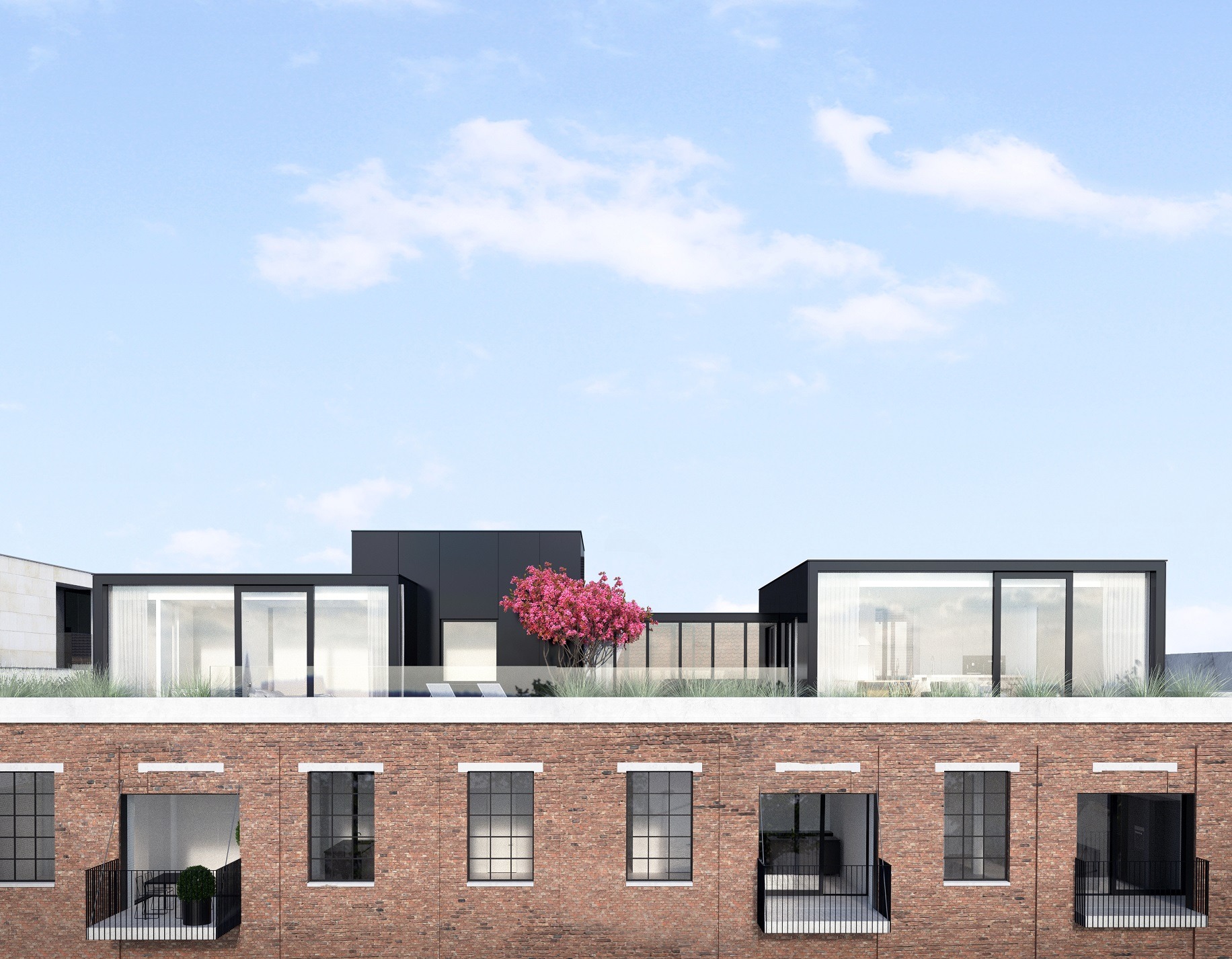 Wizualizacja budynku z czerwonej cegły z nowoczesną nadbudową z dużymi oknami i tarasem na dachu, gdzie rośnie drzewo z różowymi kwiatami.